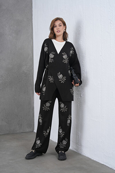 Miss Allos Women's Beaded and Embroidered Side-Tie Wide-Fit Knit Cardigan and Pants Set