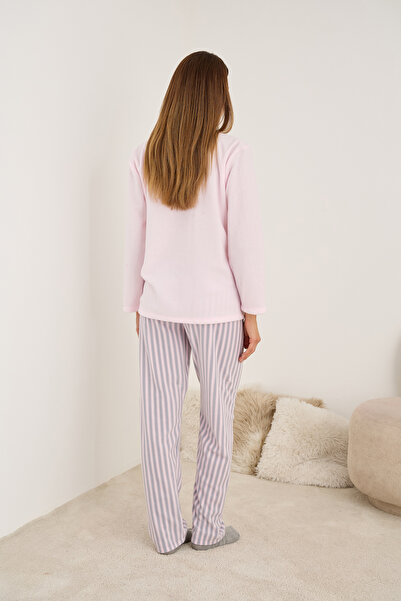 Siyah İnci ροζ γκρι ριγέ φιόγκος Κεντημένο με φλις χειμωνιάτικο πλεκτό σετ πιτζάμες