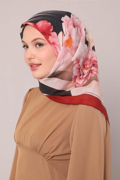 Levidor Red Striped Floral Pattern Cotton Scarf
