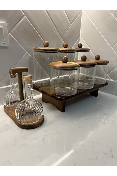 Sade Hediye 6-Piece Acacia Lid Spice Jar Set with Stands/2-Piece Glass Oil Pot Sauce Bowl