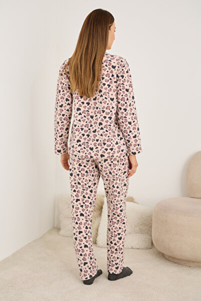 Siyah İnci Set de pijamale de iarnă din material subțire din lână brodată cu model de inimă de somon