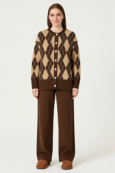 Cemre Life Women's Embroidered Diamond Pattern Knitwear Set