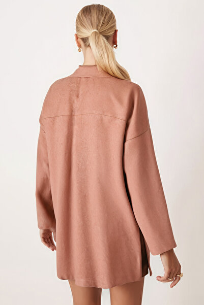 armonika Women's Camel Men's Collar Oversized Jacket with Side Slits Arm-26K001009
