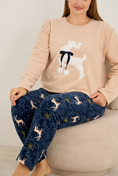 Siyah İnci Set de pijamale de iarnă din lână de mărime mare, brodat cu model de somon, din material subțire