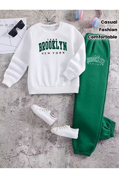 buendiakids Girl'S/Boy's White-Navy Green/Brooklyn Printed Crew Neck Tracksui...