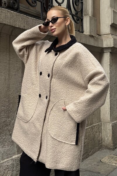 VAGGON Women's Beige Shirt Collar Button Closure Cashmere Coat Vs01287