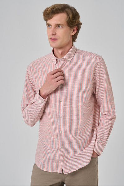 Morven Чоловіча помаранчева бавовняна сорочка з трендовим смугастим принтом, динамічним кроєм та ґудзиковим коміром