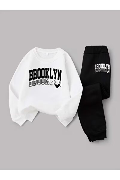 buendiakids Girl'S/Boy's White-Black/Brooklyn Heart Printed Crew Neck Tracksu...