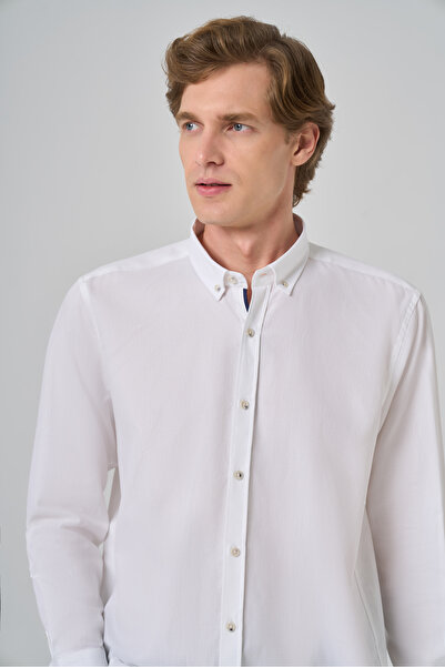 Morven Cămașă albă pentru bărbați, cu guler cu nasturi, cu croiala obișnuită