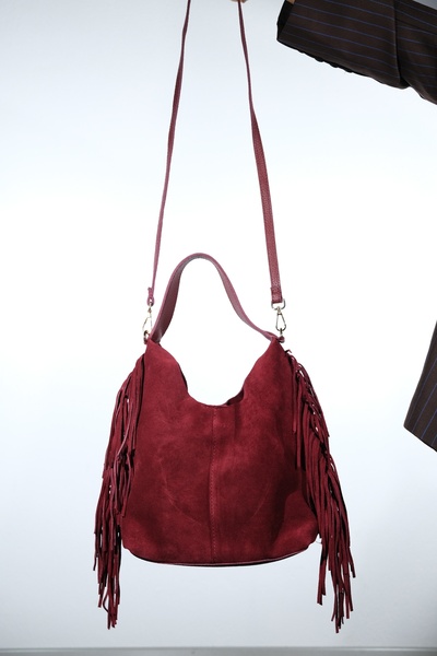 LuviShoes Vals Burgundy Suede Genuine Leather Tassel Women's Shoulder Bag
