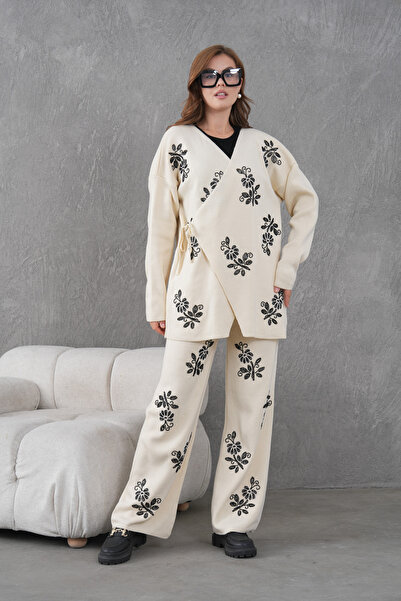 Miss Allos Women's Beaded and Embroidered Side-Tie Wide-Fit Knit Cardigan and Pants Set