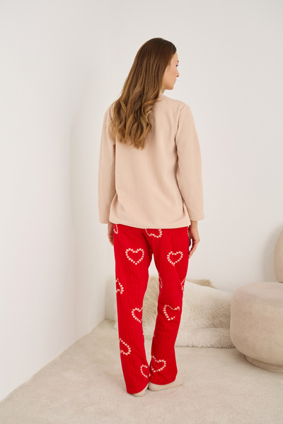 Siyah İnci Salmon Heart Embroidered Patterned Ribbed Fleece Winter Knitted Pajama Set