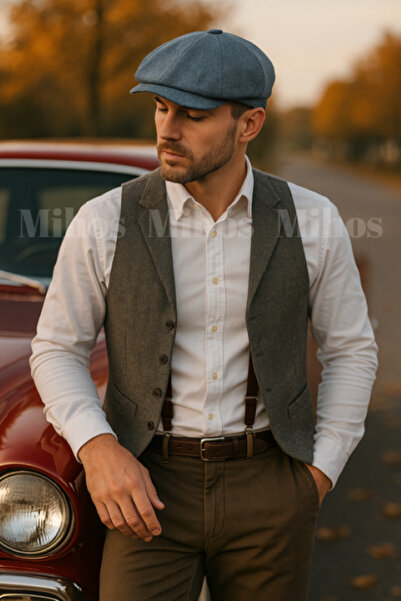 Mihos Erkek Balıksırtı Desenli Kasket Şapka – Dökümlü 8 Parça İngiliz Kasket