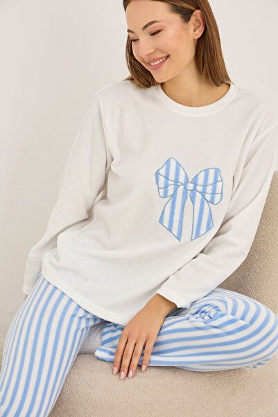 Siyah İnci Set de pijamale de iarnă din material subțire din lână brodată cu fundă cu dungi albastre albe