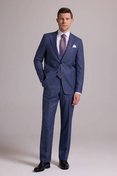 Ysf Erkek Mavi Regular Fit Mono Yaka Yünlü Takım Elbise