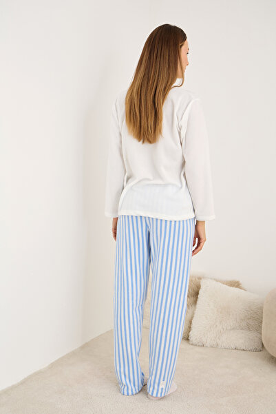 Siyah İnci Set de pijamale de iarnă din material subțire din lână brodată cu fundă cu dungi albastre albe