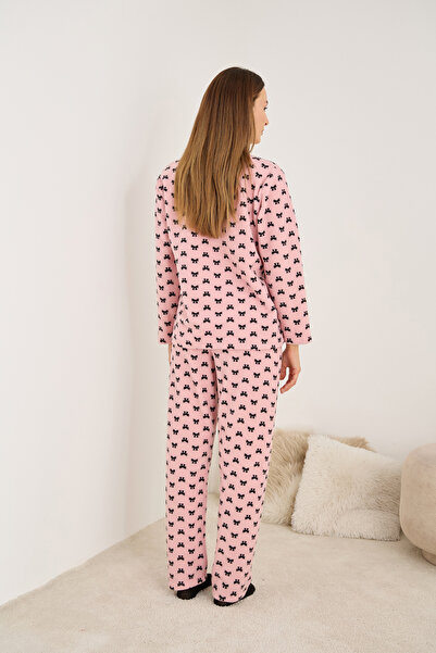 Siyah İnci pembe fiyonk desenli Nakışlı Polar Kışlık Örme Pijama Takım