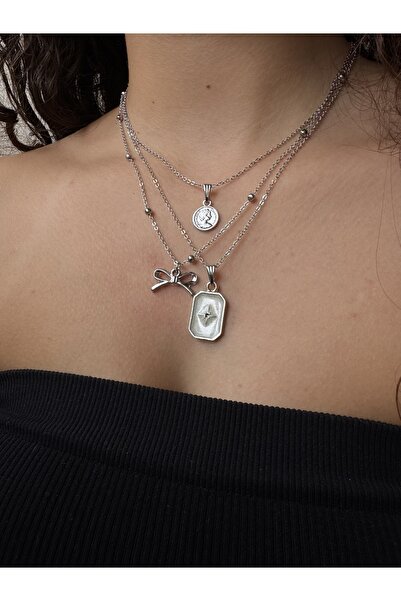 M Miel Polar Star Bow Silver Combination Necklace 3-Piece Set