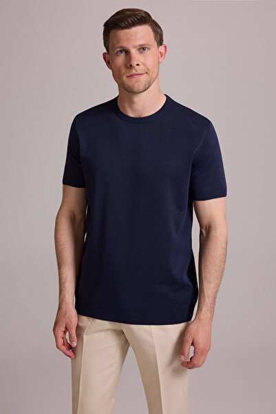 Ysf تي شيرت رجالي منسوج برقبة دائرية وقصة عادية باللون الأزرق الداكن