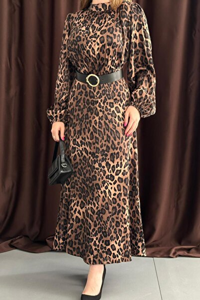 Elbee Fashion Woman Vatkalı Kemer Detaylı Leopar Elbise