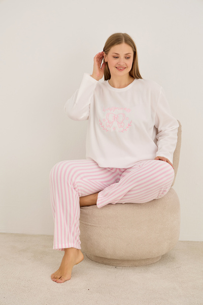 Siyah İnci Costum de pijama cu dungi alb roz, cu fundă brodată, fleece, mărime mare, iarnă din material subțire