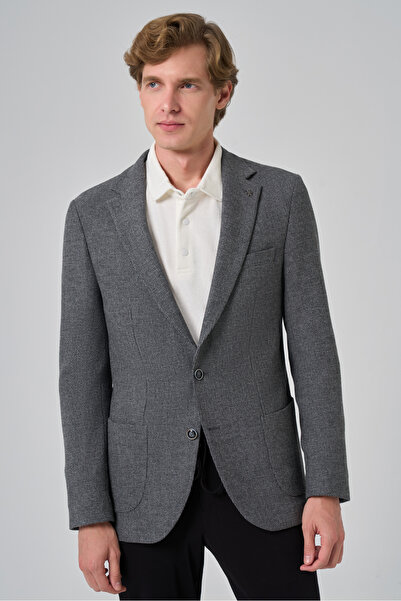 Morven Erkek Siyah Poliviskon Trend Desenli Slim Fit Mono Yaka Dokuma Ceket