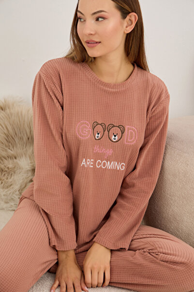 Siyah İnci Set de pijamale din țesătură din material subțire din lână brodată cu ursuleț de somon