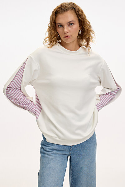 Allyco Knitted Ecru Lilac Sweatshirt with Sleeve Shirt Detail