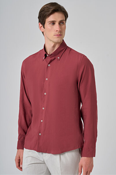 Morven Men's Burgundy Trendy Plain Pattern Dynamic Fit Buttoned Collar Shirt