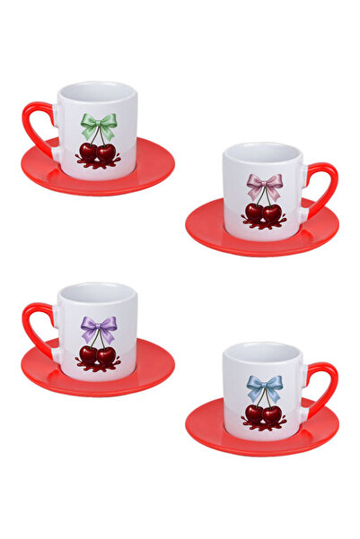 giftkonsept 4-Piece Porcelain Turkish Coffee Cup Set with Bowknot Cherry Print