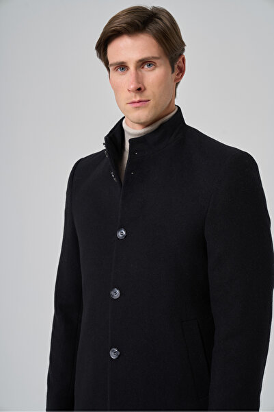 Morven Men's Black Wool Straight Dynamic Fit Judge Collar Coat