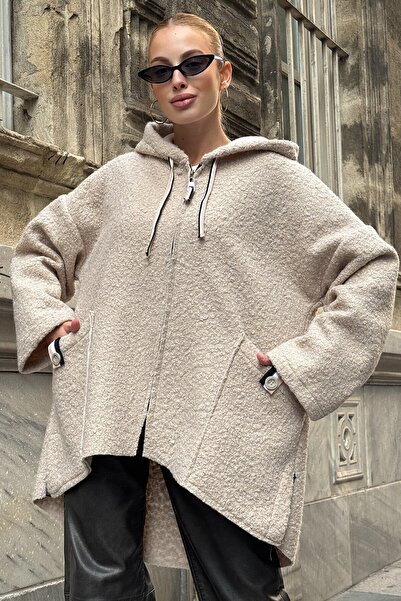 VAGGON Women's Beige Coat with Pockets, Hooded, Zipper Closure, Cashmere Coat Vs01289
