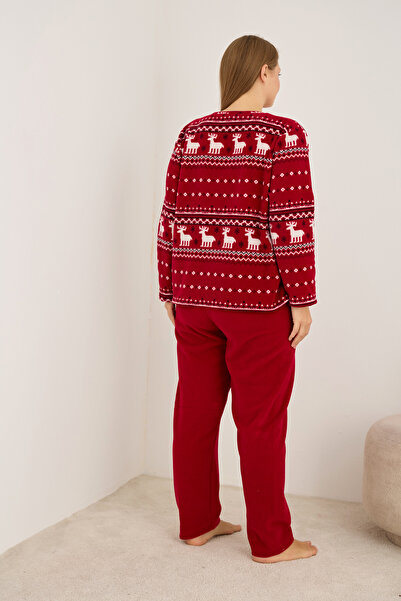 Siyah İnci Burgundy Deer Patterned Large Size Fleece Winter Knitted Pajamas Set