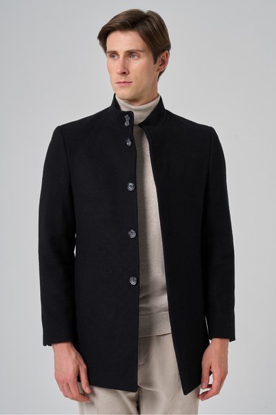 Morven Men's Black Wool Straight Dynamic Fit Judge Collar Coat