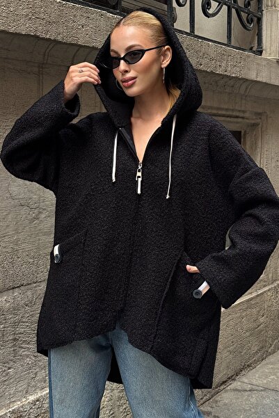 VAGGON Women's Black Coat with Pockets, Hooded, Zipper Closure, Cashmere Coat Vs01289