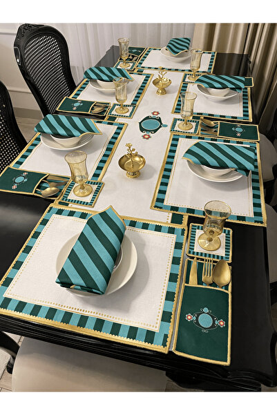 Daniel Home Design Premium | Love Birds Green Serisi – 25 Parça Amerikan Servis & Runner Masa Seti – 6 Kişilik