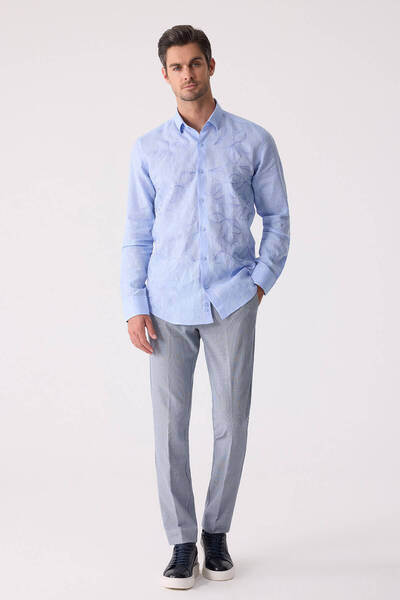 Ysf Men's Blue Slim Fit Hidden Collar Buttoned Linen Shirt