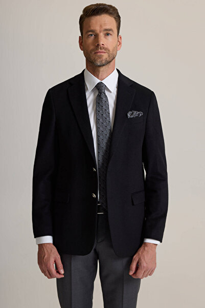 Ysf Erkek Siyah Regular Fit Mono Yaka Puntolu Yün-Kaşmir Karışımlı Blazer Ceket
