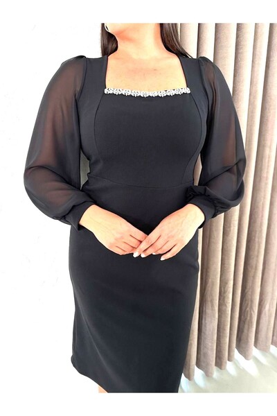Şirin Butik Γυναικείο μαύρο φόρεμα μεγάλου μεγέθους με λεπτομέρεια από πέτρα, ελαστικό βραδινό φόρεμα