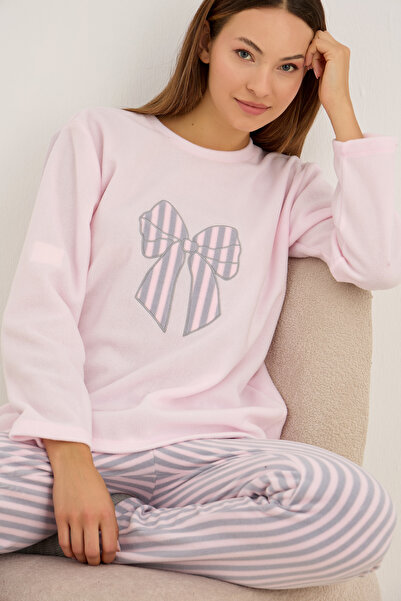 Siyah İnci ροζ γκρι ριγέ φιόγκος Κεντημένο με φλις χειμωνιάτικο πλεκτό σετ πιτζάμες