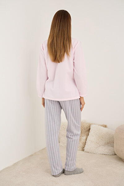 Siyah İnci ροζ γκρι ριγέ φιόγκος Κεντημένο με φλις χειμωνιάτικο πλεκτό σετ πιτζάμες