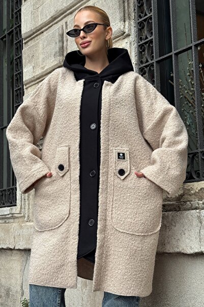 VAGGON Women's Beige Hooded Double Pocket Button Closure Cashmere Coat Vs01288