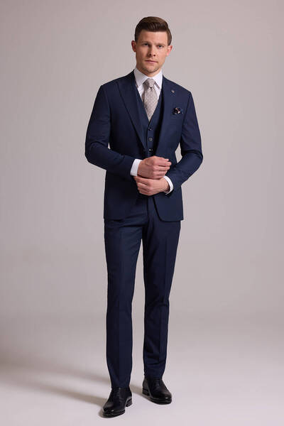 Ysf Erkek Lacivert Slim Fit Yün Karışımlı Sivri Yaka Çizgili Yelekli Takım Elbise