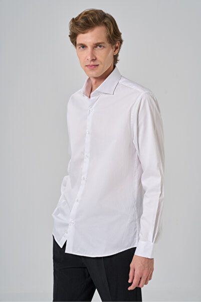 Morven Cămașă pentru bărbați din bumbac alb Trend Dynamic Fit cu guler italian