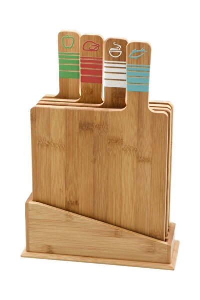 Bien Servi Bamboo Rectangular Cutting Board Set, Color-Coded, 4 Pieces with Holder