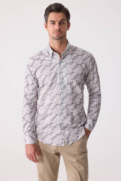 Ysf Men's Beige Slim Fit Hidden Collar Buttoned Shirt