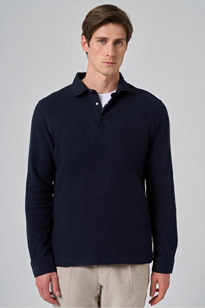 Morven Erkek Lacivert Pamuk Trend Ağaç Kabuğu Desen Dinamik Fit Polo Yaka Sweat-Shirt