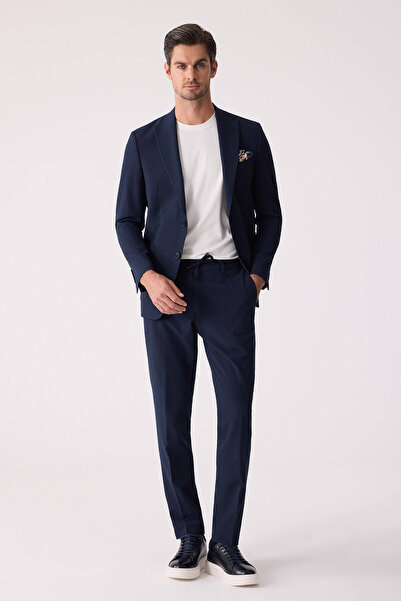 Ysf Erkek Lacivert Slim Fit Torba Cep Çizgili Jogger Pantolonlu Sivri Yaka Takım Elbise