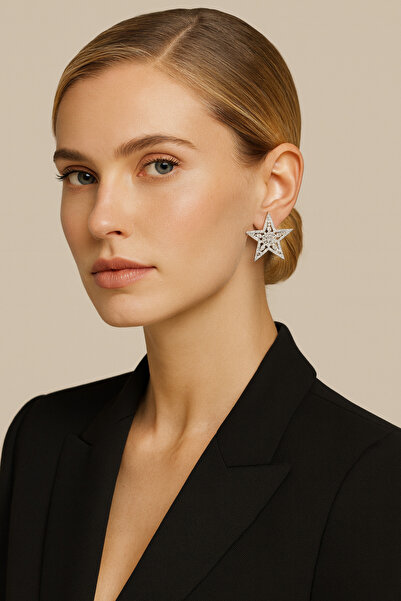 Vinya jewelry Yıldız Büyük Zirkon Taşlı Çelik Modern Küpe