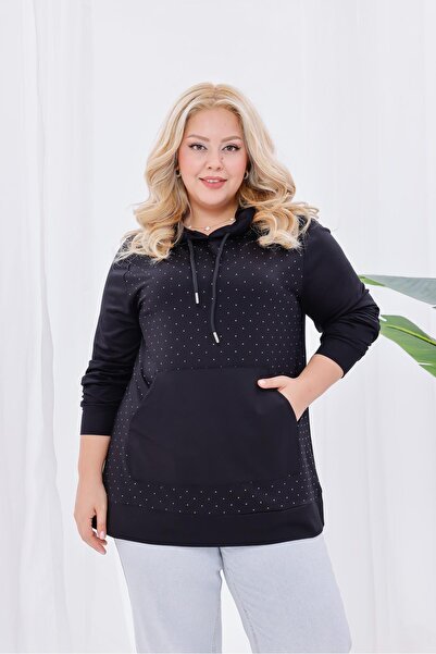 Siyezen Büyük Beden Taş Detaylı Kapüşonlu Sweatshirt